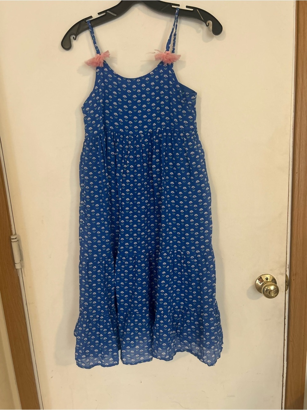 Boden Girl Size 11-12 Year Blue ditzy floral tiered maxi dress Pink Tassels